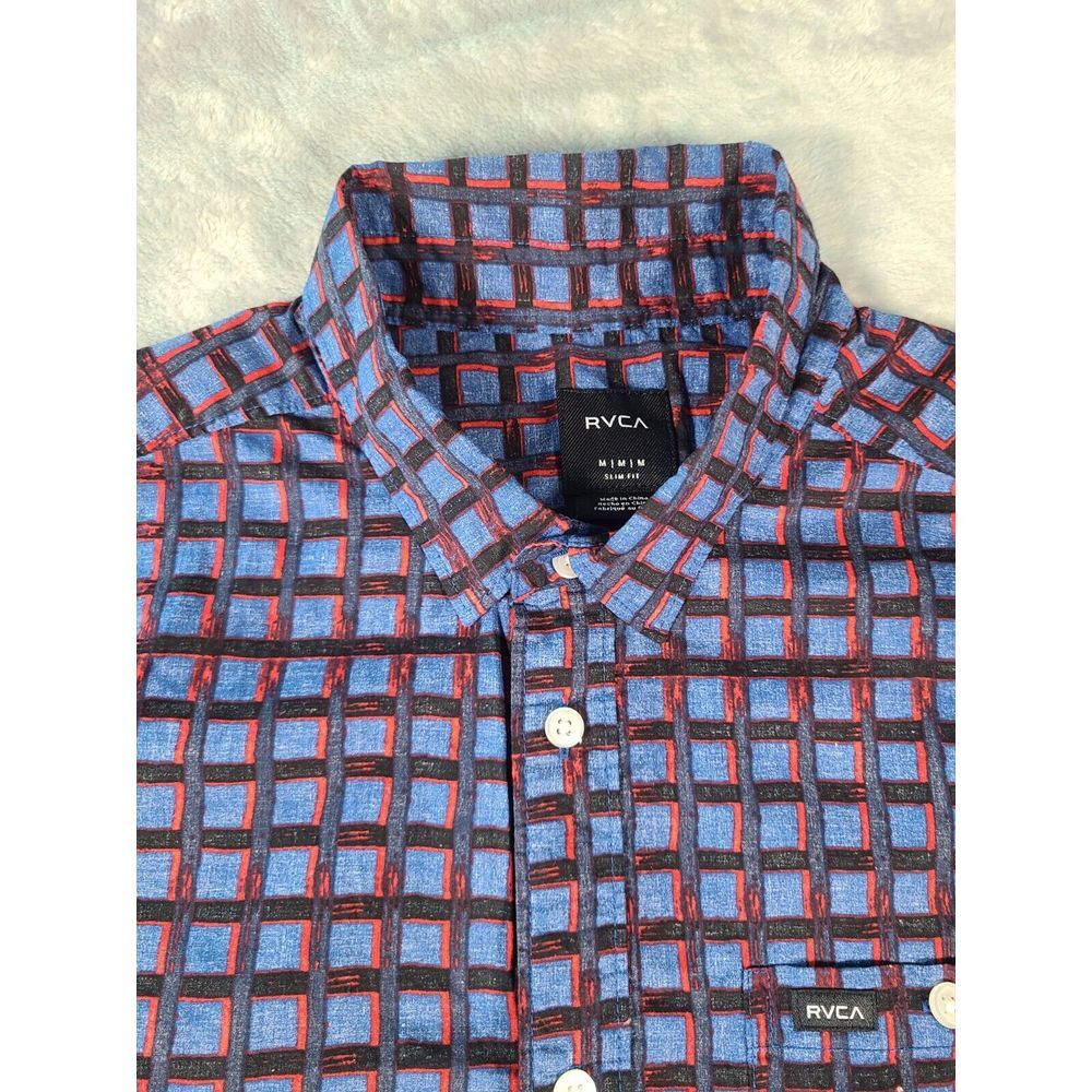 RVCA Shirt Mens Medium Red Blue Plaid Slim Fit‎ Button Down Short Sleeve